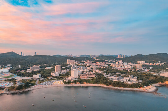 大连地标航拍城市风光日落