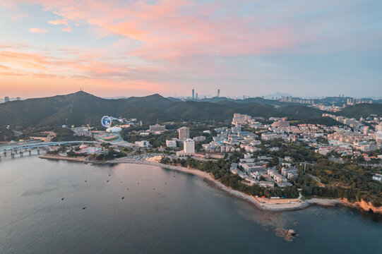 大连地标航拍城市风光日落