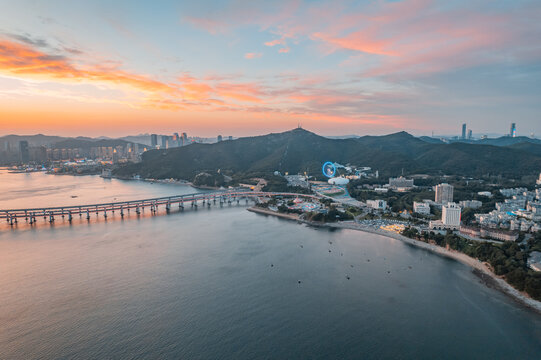 大连星海湾跨海大桥晚霞日落航拍