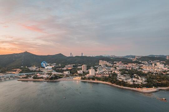 大连地标航拍城市风光日落