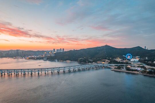 大连星海湾跨海大桥晚霞日落航拍