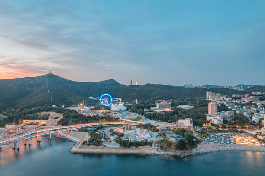 大连地标航拍城市风光日落