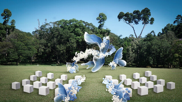 蓝白户外草坪婚礼蝴蝶装置