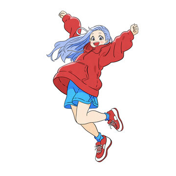 卡通潮流紅衣女孩歡呼慶祝圖案