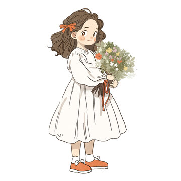 手捧鲜花的白裙子女孩卡通图案
