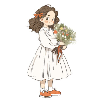 手捧鮮花的白裙子女孩卡通圖案