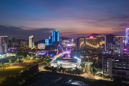 南沙蕉门公园双桥两岸建筑夜景