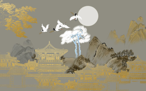 描金描線山水樓閣迎客松