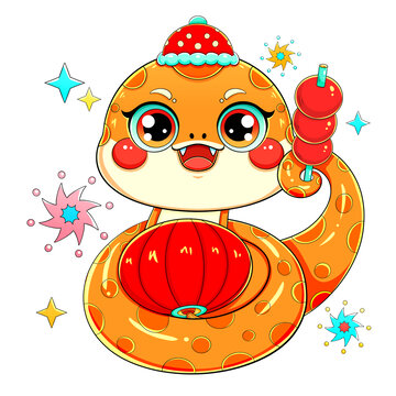 國潮春節(jié)新年金蛇燈籠蛇插畫