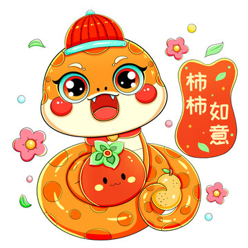国潮春节新年金蛇柿如意蛇插画