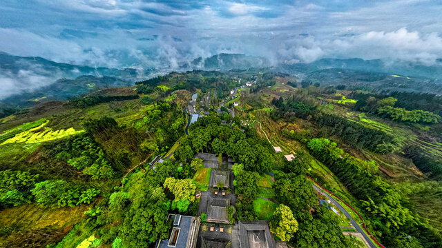 深山中的云峰寺院千年桢楠树林