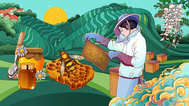 蜂蜜酿造田园工艺人物插画