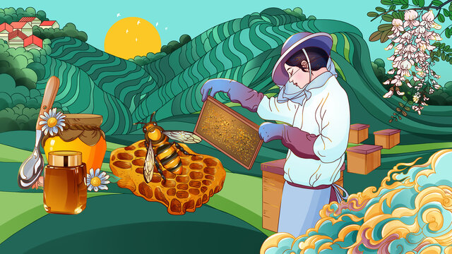 蜂蜜釀造田園工藝人物插畫