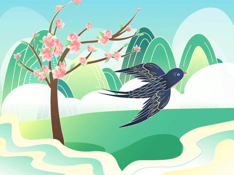 國潮春天桃花樹燕子插畫