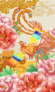 國潮鳳凰牡丹插畫