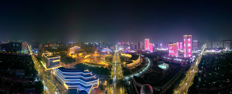 河南新乡城市夜景航拍全景图