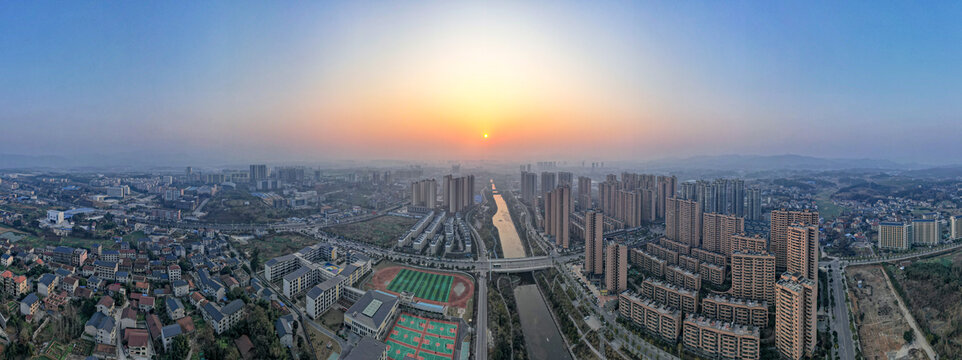 湖南怀化城市全景日落航拍全景图