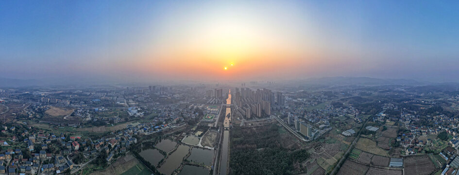 湖南怀化城市全景日落航拍全景图