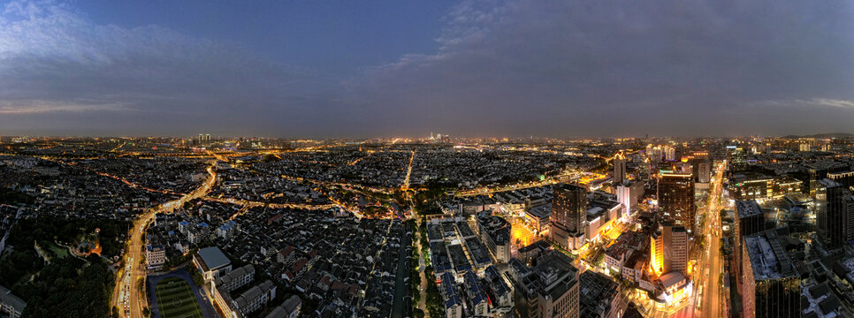 江苏苏州城市夜景航拍全景图