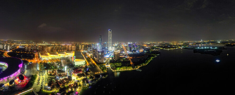 江苏苏州国金中心夜景航拍全景图