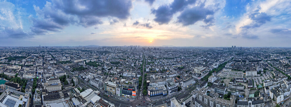 苏州城市晚霞夕阳航拍全景图