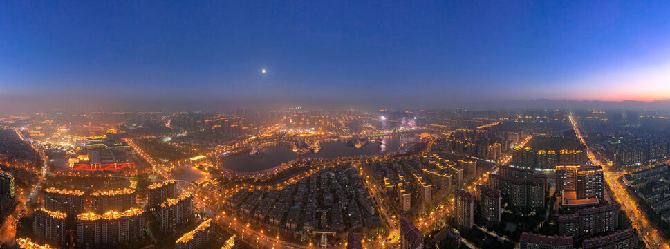 西安城市晚霞夜景航拍全景图