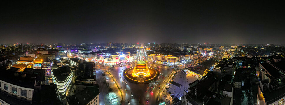 西安钟楼夜景灯光航拍全景图