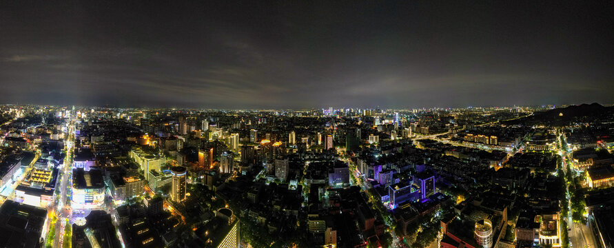 浙江杭州城市夜景灯光全景图航拍