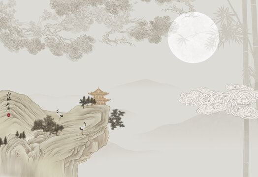 意境山水竹子松樹(shù)背景