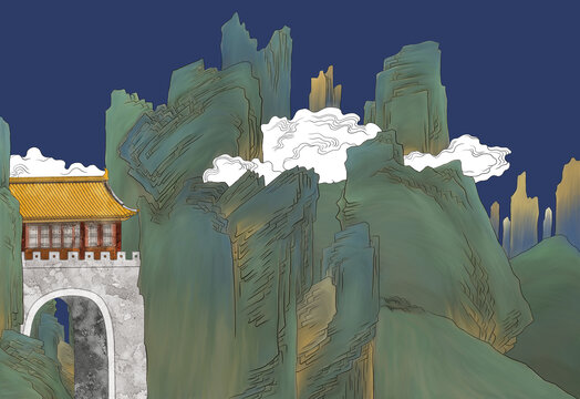 中式山水壁画背景
