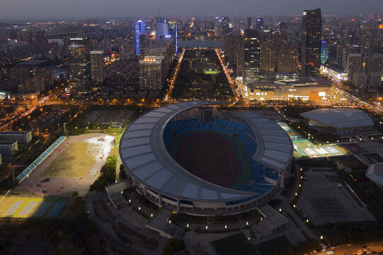 合肥体育中心航拍城市风光夜景