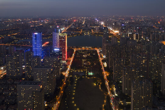 合肥天鹅湖航拍城市风光夜景