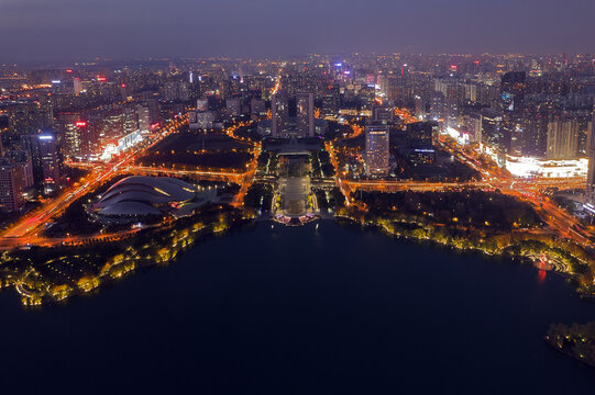 合肥天鹅湖航拍城市风光夜景