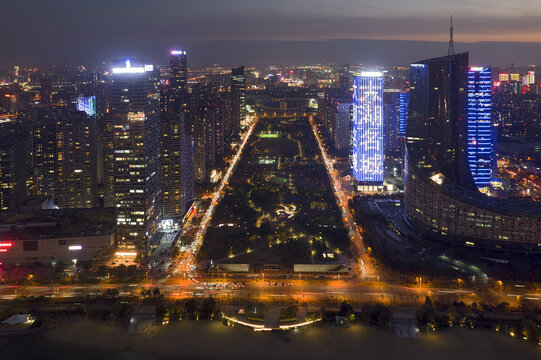 合肥天鹅湖航拍城市风光夜景