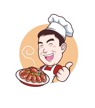 卡通中年廚師端小龍蝦頭像矢量圖
