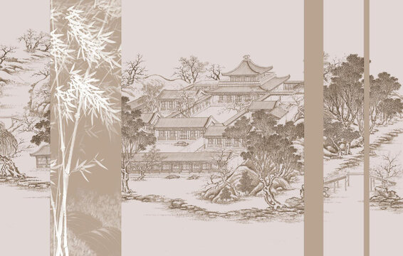 新中式拼色線描閣樓山水背景墻