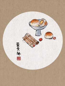 蛋黃酥水墨風(fēng)插畫(huà)