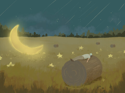 男人躺在稻田看星星唯美插画