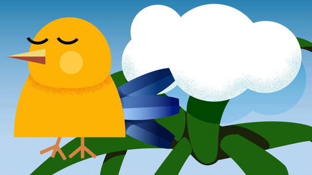 蓝天白云和绿植上的小鸟矢量插画