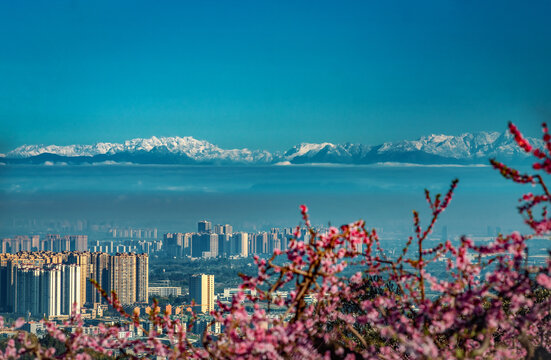 成都龙泉山远眺城市雪山