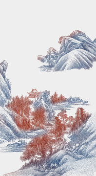 手绘线描山水装饰画挂画框画