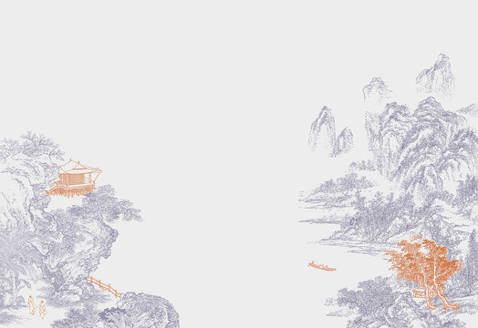 線描描金樓閣山水墻畫圖
