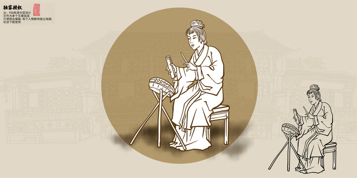传统唱古书的侍女线描插画