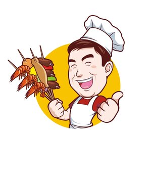 卡通中年男厨师拿烤串头像矢量图
