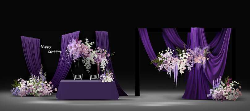 紫色布幔婚礼签到合影区