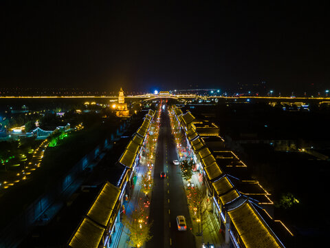 河北石家庄正定古城夜景航拍