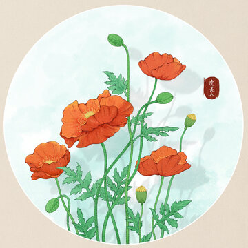 原創(chuàng)手繪水彩風(fēng)虞美人插畫