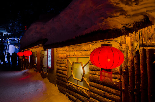 雪乡美景雪中小木屋积雪街道