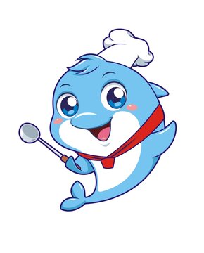 卡通可愛小海豚廚師拿鍋鏟形象