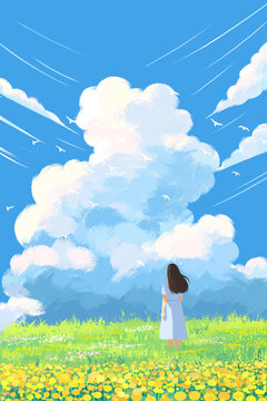 手繪藍(lán)色系小清新治愈插畫